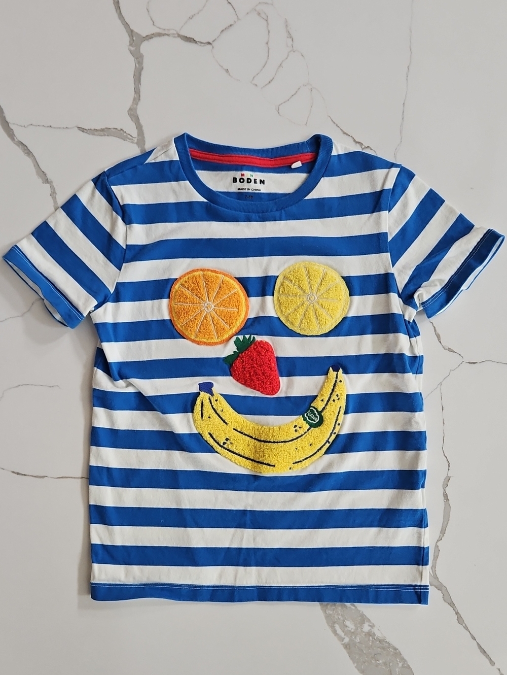 Boden Blue & White Stripe Tee with Fruit Appliqués